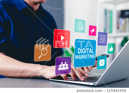 Digital Marketing Strategy Concept. A person using laptop with digital marketing icons representing SEO SEM SMM, video, email, web, advertising, ad, social media, shopping online, and analytics tools. 125942439