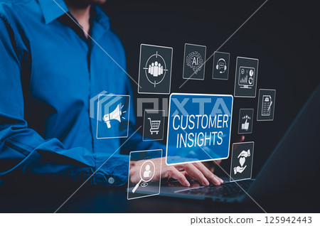 Customer Insights and Marketing Strategy Analysis Concept. Professional analyzing customer insights on icons representing digital marketing, AI analytics, customer data, and behavior tracking tools. Customer Insights and Marketing Strategy Analysis Concept. Professional analyzing customer insights on icons representing digital marketing, AI analytics, customer data, and behavior tracking tools. 125942443