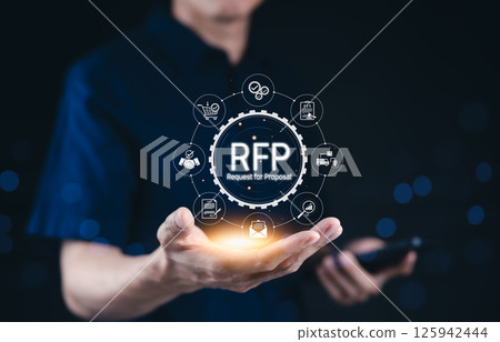 RFP, Request for Proposal Business Concept. Hand holding RFP (Request for Proposal) icons representing procurement, finance, bidding, contract, agreement, planning, and logistics management. RFP, Request for Proposal Business Concept. Hand holding RFP (Request for Proposal) icons representing procurement, finance, bidding, contract, agreement, planning, and logistics management. 125942444