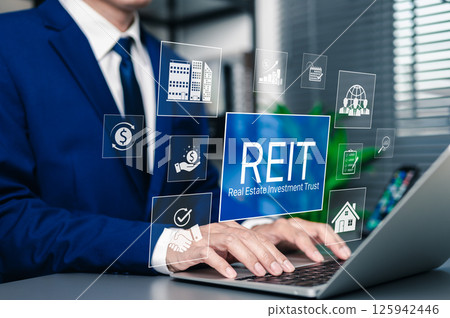 REIT, Real Estate Investment Trust Financial Concept. Businessman using laptop with REIT investment icons. property, finance charts, growth, mutual fund, investor, return, and income strategy. 125942446