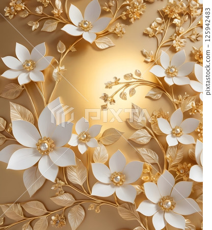 Magical Golden and Ivory Flowers in Soft Bokeh Light, Elegant floral Magical Golden and Ivory Flowers in Soft Bokeh Light, Elegant floral 125942483
