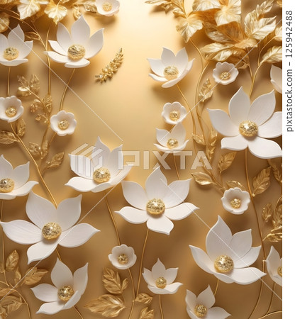 Magical Golden and Ivory Flowers in Soft Bokeh Light, Elegant floral Magical Golden and Ivory Flowers in Soft Bokeh Light, Elegant floral 125942488
