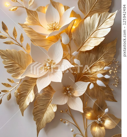Magical Golden and Ivory Flowers in Soft Bokeh Light, Elegant floral Magical Golden and Ivory Flowers in Soft Bokeh Light, Elegant floral 125942494