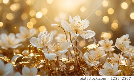 Magical Golden and Ivory Flowers in Soft Bokeh Light, Elegant floral 125942507