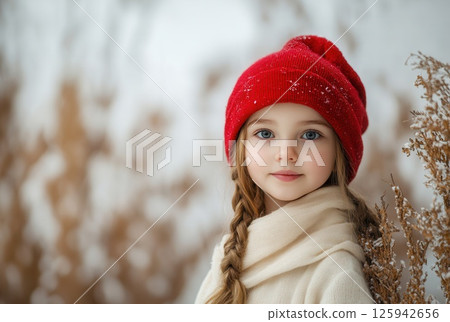 Portrait of beautiful cheerful girl in red hat on Christmas background with empty space for text Portrait of beautiful cheerful girl in red hat on Christmas background with empty space for text 125942656