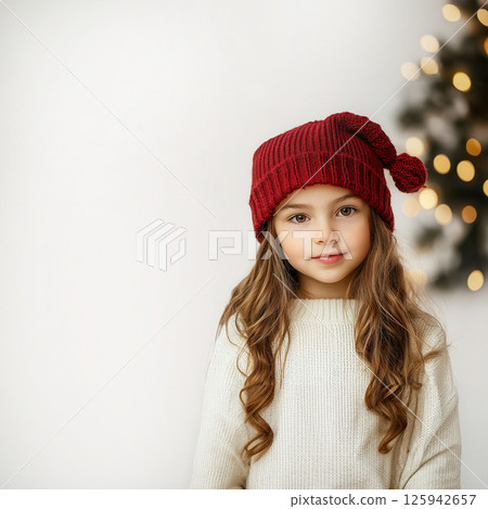 Portrait of beautiful cheerful girl in red hat on Christmas background with empty space for text Portrait of beautiful cheerful girl in red hat on Christmas background with empty space for text 125942657