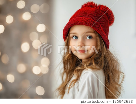 Portrait of beautiful cheerful girl in red hat on Christmas background with empty space for text 125942658