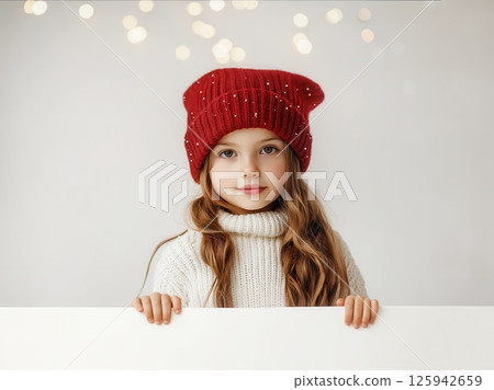 Portrait of beautiful cheerful girl in red hat on Christmas background with empty space for text Portrait of beautiful cheerful girl in red hat on Christmas background with empty space for text 125942659
