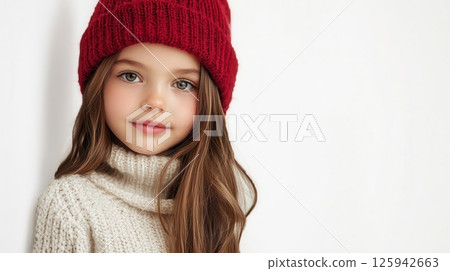 Portrait of beautiful cheerful girl in red hat on Christmas background with empty space for text 125942663
