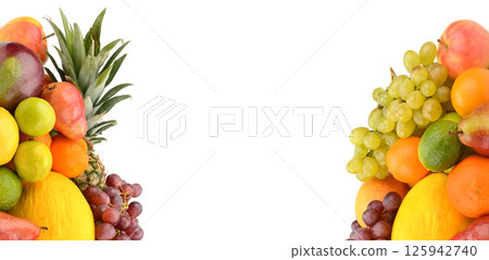 ripe fruits isolated on white background. Collage. Free space for text. Wide photo. ripe fruits isolated on white background. Collage. Free space for text. Wide photo. 125942740