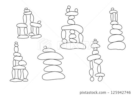 Zen stone cairns set in simple doodle style outline vector illustration symbolizing balance, harmony, meditation, relax, yoga concept, boho stone pyramid clipart for poster, card, print, wall art 125942746