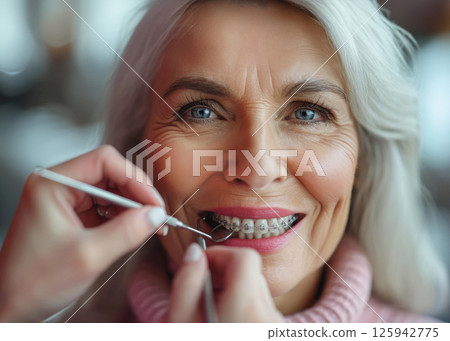 Dentist examines and adjusts braces during orthodontic treatment of old patient, close-up of woman's mouth in equipped dental office 125942775
