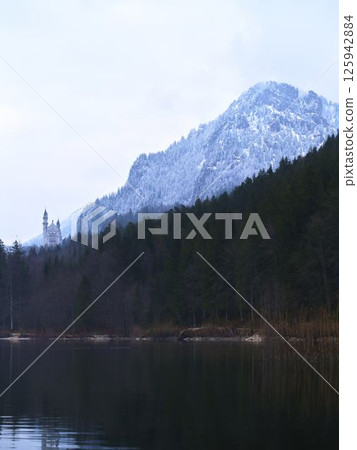 Majestic castle reflected in calm lake surrounded by snow-capped mountains and tall pine trees in winter 125942884
