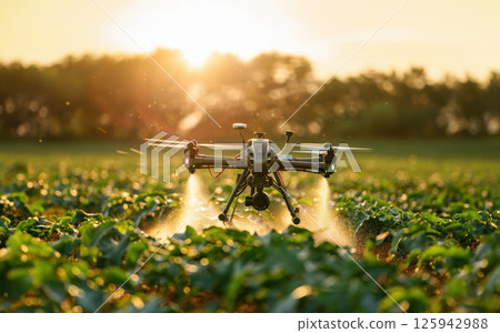 agricultural drone flying over green field, actively spraying liquid, spraying plants, modern farming technology. agricultural drone flying over green field, actively spraying liquid, spraying plants, modern farming technology. 125942988