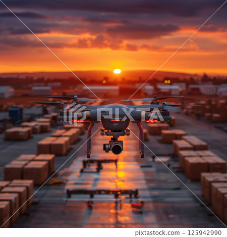 Aerial drone carrying package over an urban cityscape, rural at sunrise, sunset Aerial drone carrying package over an urban cityscape, rural at sunrise, sunset 125942990