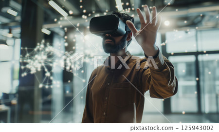 Business portrait corporate man in shirt, open office interactive holographic projections all around. wearing VR headset glasses Business portrait corporate man in shirt, open office interactive holographic projections all around. wearing VR headset glasses 125943002