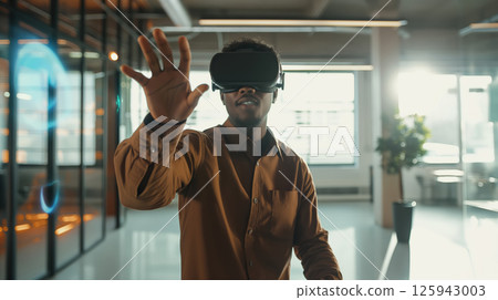 Business portrait corporate man in shirt, open office interactive holographic projections all around. wearing VR headset glasses Business portrait corporate man in shirt, open office interactive holographic projections all around. wearing VR headset glasses 125943003