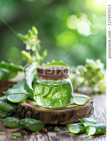 Fresh slices aloe vera leaves covered water drops isolated on plain light background. 125943011