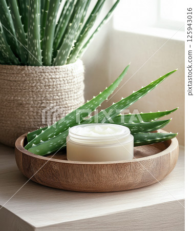 Jars, bottles with empty space for text, brand. Cosmetic composition with whole aloe Vera leaves and natural skin care creams on wooden plate Jars, bottles with empty space for text, brand. Cosmetic composition with whole aloe Vera leaves and natural skin care creams on wooden plate 125943016