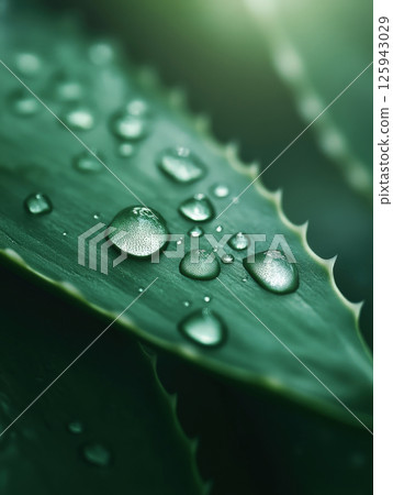 Close-up aloe vera leaves with water drops on the surface, succulent plant texture and transparency of drops Close-up aloe vera leaves with water drops on the surface, succulent plant texture and transparency of drops 125943029