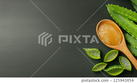 Rustic and homemade image wooden spoon on table with aloe vera gel, with whole and sliced aloe leaves, homemade and organic skincare theme. Copy space, place for text, banner 125943054