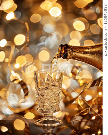 Luxury celebration exploding champagne bottle, glass splashing bubbles festive birthday, New Year Luxury celebration exploding champagne bottle, glass splashing bubbles festive birthday, New Year 125943058