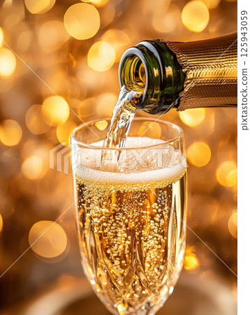 Luxury celebration exploding champagne bottle, glass splashing bubbles festive birthday, New Year 125943059