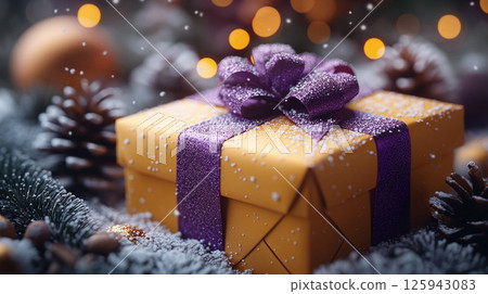 ?loseup craft yellow gift box purple holiday background, copy space, banner Merry Christmas New Year 125943083