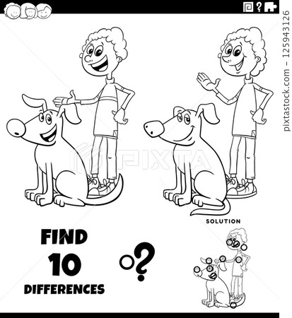 differences puzzle game with happy cartoon boy and his dog coloring page 125943126