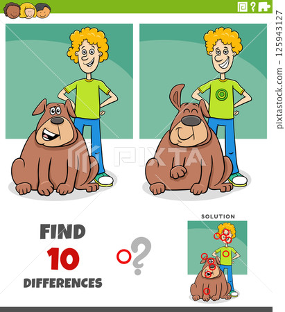 differences puzzle activity with happy cartoon boy and his dog 125943127