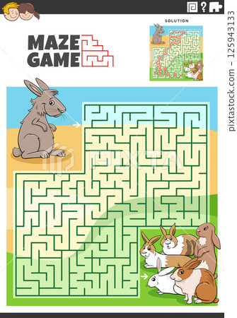 maze puzzle game with cartoon rabbits animal character 125943133