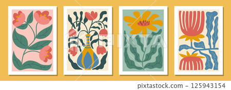 Decorative poster set with botanical motifs in Matisse style shapes. 125943154