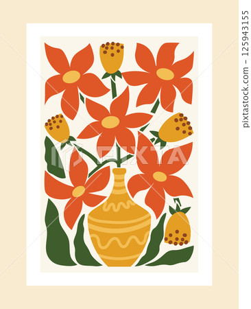 Artistic composition with colorful leaves and flowers in a flat, Matisse-inspired style. 125943155