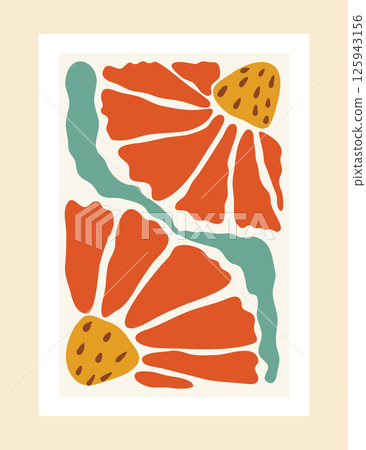 Expressive floral collage with simple silhouettes and vivid hues, echoing the cut-out style of Matisse. 125943156