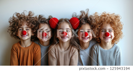 Portrait Group children party, dressed clown outfits curly wigs red noses. Holiday, birthday concept 125943194