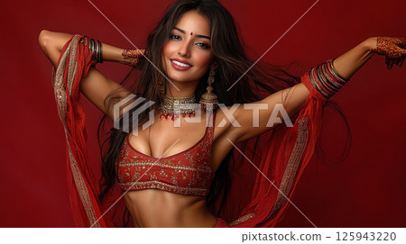 Fashion studio on red studio background portrait of beautiful smiling Indian woman with long hair in traditional sari dancing 125943220