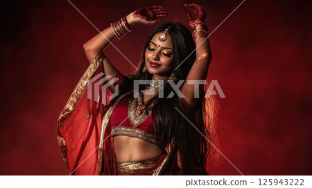 Fashion studio on red studio background portrait of beautiful smiling Indian woman with long hair in traditional sari dancing Fashion studio on red studio background portrait of beautiful smiling Indian woman with long hair in traditional sari dancing 125943222