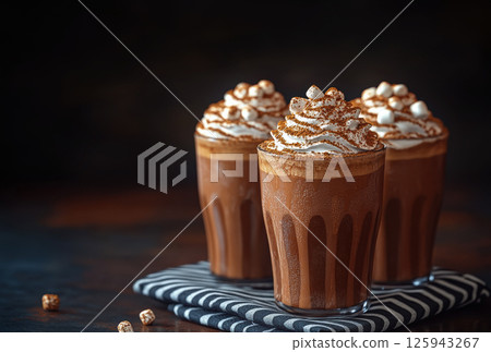 Cups aromatic hot drink cocoa coffee chocolate with marshmallows Christmas background, surrounded cocoa beans, marshmallows, cinnamon. Place text, greeting card, banner, holiday, romance 125943267