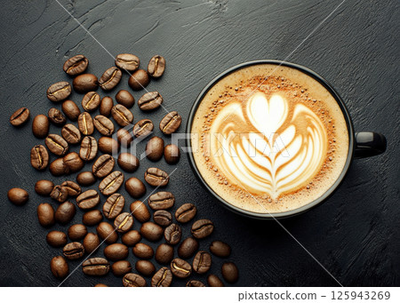 Cup of Cappuccino on table surrounded by roasted coffee beans on dark table, top view, space for text. 125943269