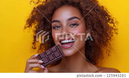 Happy young woman chocolate bar and beautiful smile with white teeth. Close-up portrait isolated on yellow background and copy space. Happy Chocolate Day, banner, advertisement, copy space Happy young woman chocolate bar and beautiful smile with white teeth. Close-up portrait isolated on yellow background and copy space. Happy Chocolate Day, banner, advertisement, copy space 125943281