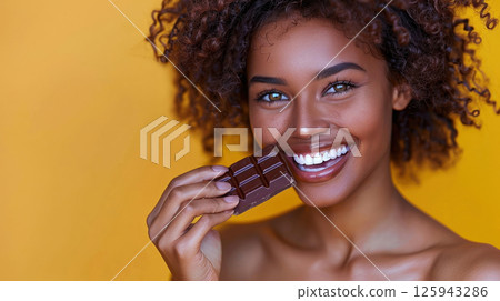 Happy young woman chocolate bar and beautiful smile with white teeth. Close-up portrait isolated on yellow background and copy space. Happy Chocolate Day, banner, advertisement, copy space 125943286