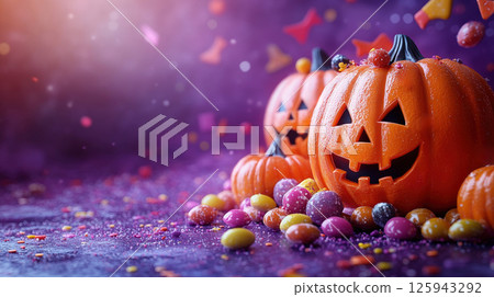 Happy Halloween. Bright whimsical Halloween background with orange pumpkins 125943292