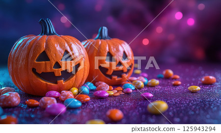 Happy Halloween. Bright whimsical Halloween background with orange pumpkins 125943294
