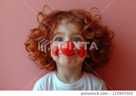 Portrait Cute children party, dressed clown outfits curly wigs red noses. Holiday, birthday concept Portrait Cute children party, dressed clown outfits curly wigs red noses. Holiday, birthday concept 125943303