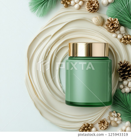 Face cream green jar, luxurious packaging with gold accents, surrounded by silky layer of light beige cream, Christmas, holiday, gift, bottle, shape, packaging, brand 125943319