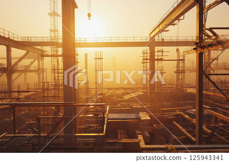 Construction crane build building on constructing site, top view. AI Generative 125943341