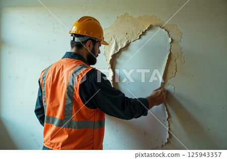 Builder renovate apartment, man tear off old wallpaper from wall. AI Generative Builder renovate apartment, man tear off old wallpaper from wall. AI Generative 125943357