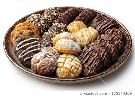 Variety of bakes and cookies in ceramic plate on a white background. 125943369