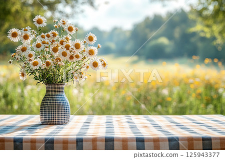 Picnic table with checkered tablecloth and a vase with flowers on a summer background. Retro-style. Mockup. Copy space. 125943377