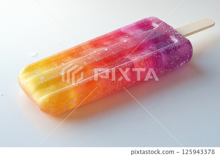 Popsicle with rainbow colors on a long stick on a white background. Summer fun. Retro style. 125943378